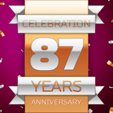 Gerçekçi seksen yedi yıl yıldönümü kutlama tasarım. Gümüş ve altın şerit, mor zemin üzerine konfeti. Doğum günü partin için renkli vektör şablon öğeleri. Yıldönümü şerit