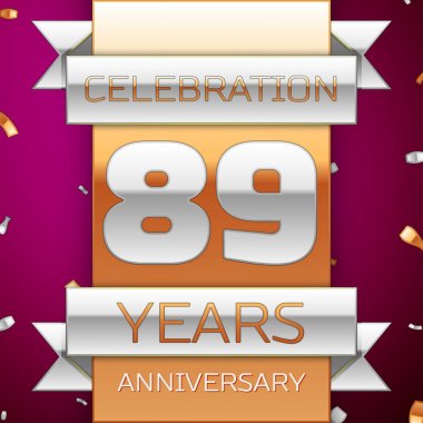 Gerçekçi seksen dokuz yıl yıldönümü kutlama tasarım. Gümüş ve altın şerit, mor zemin üzerine konfeti. Doğum günü partin için renkli vektör şablon öğeleri. Yıldönümü şerit
