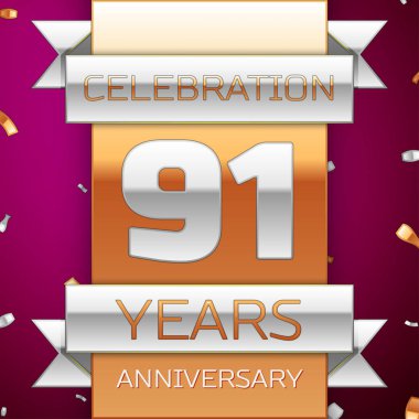 Gerçekçi doksan bir yıl yıldönümü kutlama tasarım. Gümüş ve altın şerit, mor zemin üzerine konfeti. Doğum günü partin için renkli vektör şablon öğeleri. Yıldönümü şerit