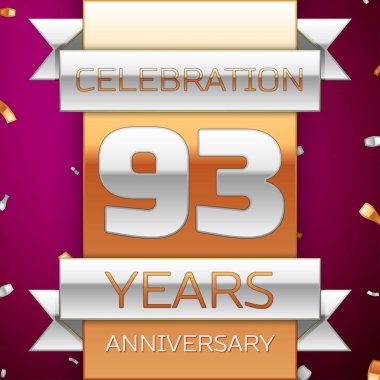 Gerçekçi doksan üç yıl yıldönümü kutlama tasarım. Gümüş ve altın şerit, mor zemin üzerine konfeti. Doğum günü partin için renkli vektör şablon öğeleri. Yıldönümü şerit