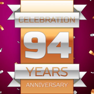 Gerçekçi Doksan dört yıl yıldönümü kutlama tasarım. Gümüş ve altın şerit, mor zemin üzerine konfeti. Doğum günü partin için renkli vektör şablon öğeleri. Yıldönümü şerit