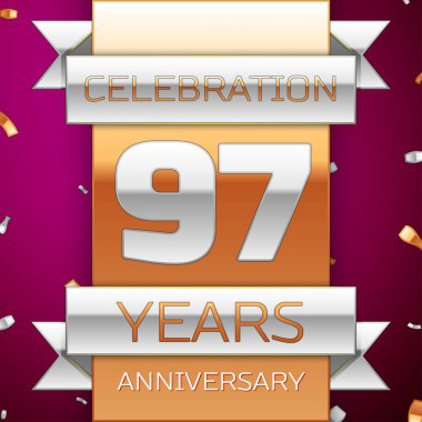 Gerçekçi doksan yedi yıl yıldönümü kutlama tasarım. Gümüş ve altın şerit, mor zemin üzerine konfeti. Doğum günü partin için renkli vektör şablon öğeleri. Yıldönümü şerit