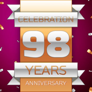 Gerçekçi doksan sekiz yıl yıldönümü kutlama tasarım. Gümüş ve altın şerit, mor zemin üzerine konfeti. Doğum günü partin için renkli vektör şablon öğeleri. Yıldönümü şerit