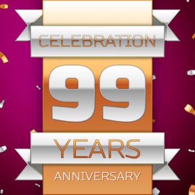 Gerçekçi doksan dokuz yıl yıldönümü kutlama tasarım. Gümüş ve altın şerit, mor zemin üzerine konfeti. Doğum günü partin için renkli vektör şablon öğeleri. Yıldönümü şerit
