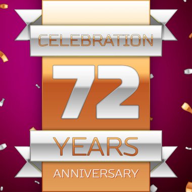 Gerçekçi yetmiş iki yıl yıldönümü kutlama tasarım. Gümüş ve altın şerit, mor zemin üzerine konfeti. Doğum günü partin için renkli vektör şablon öğeleri. Yıldönümü şerit