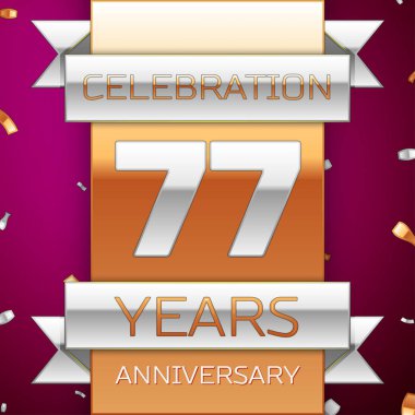 Gerçekçi yetmiş yedi yıl yıldönümü kutlama tasarım. Gümüş ve altın şerit, mor zemin üzerine konfeti. Doğum günü partin için renkli vektör şablon öğeleri. Yıldönümü şerit