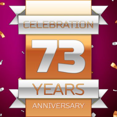 Gerçekçi yetmiş üç yıl yıldönümü kutlama tasarım. Gümüş ve altın şerit, mor zemin üzerine konfeti. Doğum günü partin için renkli vektör şablon öğeleri. Yıldönümü şerit
