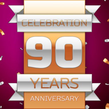 Gerçekçi doksan yıl yıldönümü kutlama tasarım. Gümüş ve altın şerit, mor zemin üzerine konfeti. Doğum günü partin için renkli vektör şablon öğeleri. Yıldönümü şerit