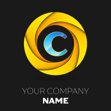 Gerçekçi harf C vektör logo sembol siyah arka plan üzerinde renkli daire içinde. Tasarımınız için vektör şablonu