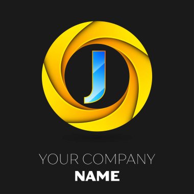 Gerçekçi harf J vektör logo sembol siyah arka plan üzerinde renkli daire içinde. Tasarımınız için vektör şablonu