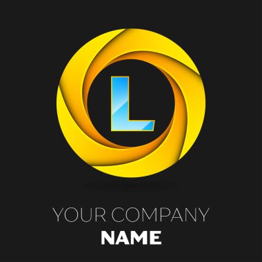 Gerçekçi harf L vektör logo sembol siyah arka plan üzerinde renkli daire içinde. Tasarımınız için vektör şablonu