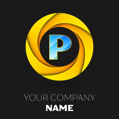 Gerçekçi harf P vektör logo sembol siyah arka plan üzerinde renkli daire içinde. Tasarımınız için vektör şablonu