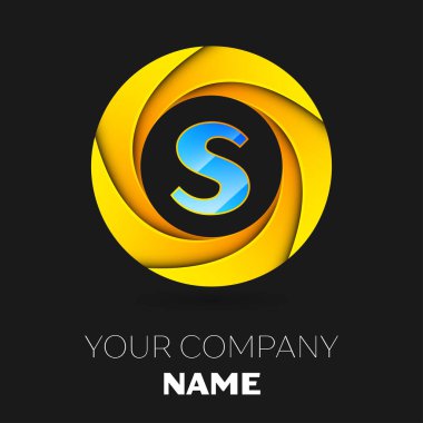 Gerçekçi Harf S vektör logo sembol siyah arka plan üzerinde renkli daire içinde. Tasarımınız için vektör şablonu
