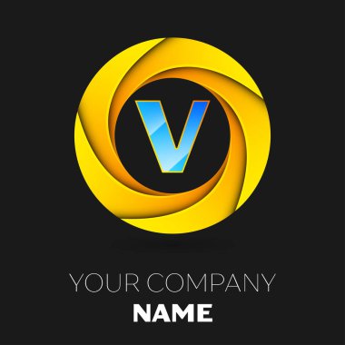 Gerçekçi harf V vektör logo sembol siyah arka plan üzerinde renkli daire içinde. Tasarımınız için vektör şablonu
