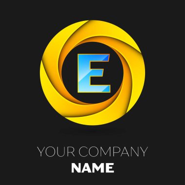 Gerçekçi harf E vektör logo sembol siyah arka plan üzerinde renkli daire içinde. Tasarımınız için vektör şablonu