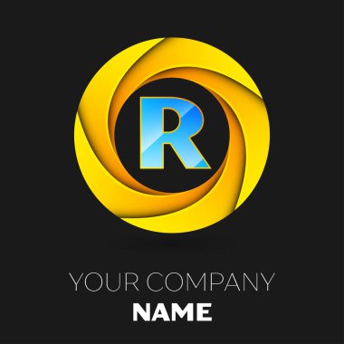 Gerçekçi harf R vektör logo sembol siyah arka plan üzerinde renkli daire içinde. Tasarımınız için vektör şablonu