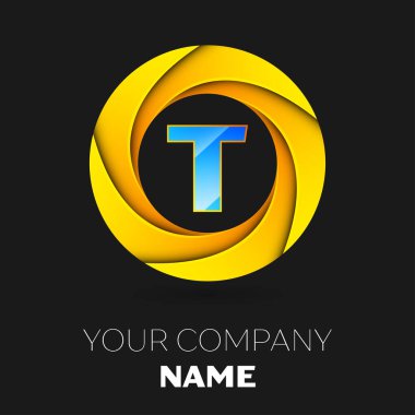 Gerçekçi mektup T vektör logo sembol siyah arka plan üzerinde renkli daire içinde. Tasarımınız için vektör şablonu