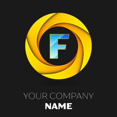 Gerçekçi harf F vektör logo sembol siyah arka plan üzerinde renkli daire içinde. Tasarımınız için vektör şablonu