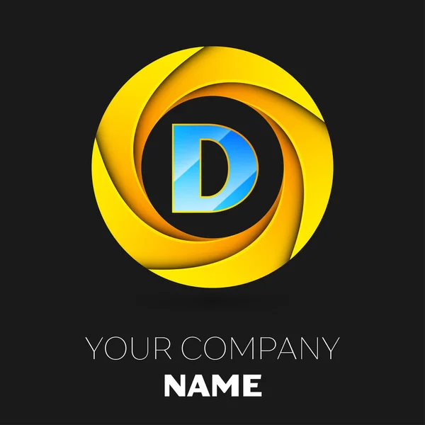 Ρεαλιστική γράμμα D σύμβολο λογότυπο φορέα στον πολύχρωμο κύκλο σε μαύρο φόντο. Διάνυσμα πρότυπο για το σχεδιασμό σας — Διανυσματικό Αρχείο