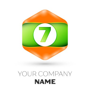 Gerçekçi yedi numaralı vektör logo simge renkli beyaz zemin üzerine altıgen. Tasarımınız için vektör şablonu