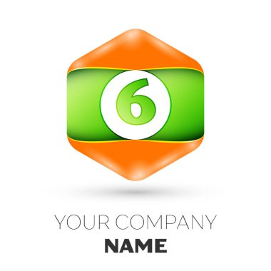 Gerçekçi altı numaralı vektör logo simge renkli beyaz zemin üzerine altıgen. Tasarımınız için vektör şablonu