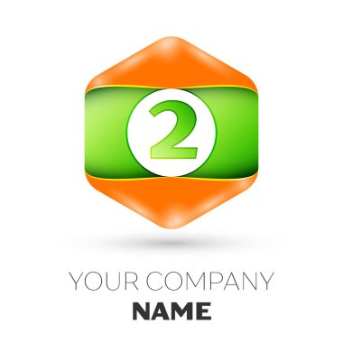Gerçekçi iki numaralı vektör logo simge renkli beyaz zemin üzerine altıgen. Tasarımınız için vektör şablonu