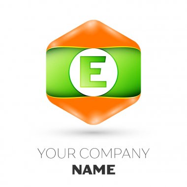 Gerçekçi harf E vektör logo simge renkli beyaz zemin üzerine altıgen. Tasarımınız için vektör şablonu