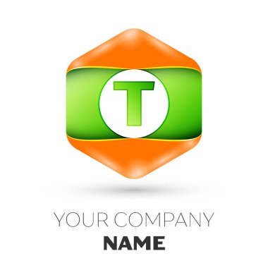 Gerçekçi mektup T vektör logo simge renkli beyaz zemin üzerine altıgen. Tasarımınız için vektör şablonu