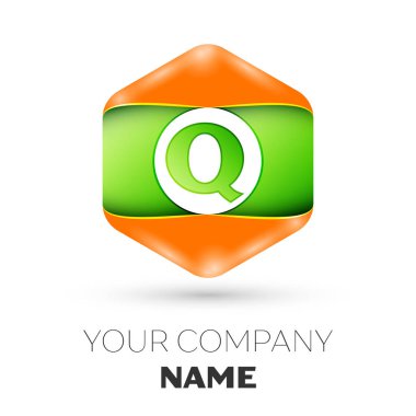 Gerçekçi harf Q vektör logo simge renkli beyaz zemin üzerine altıgen. Tasarımınız için vektör şablonu