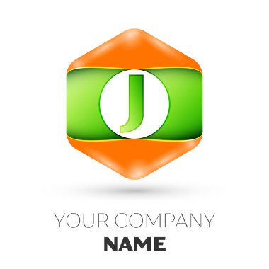 Gerçekçi harf J vektör logo simge renkli beyaz zemin üzerine altıgen. Tasarımınız için vektör şablonu