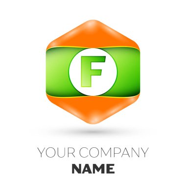 Gerçekçi harf F vektör logo simge renkli beyaz zemin üzerine altıgen. Tasarımınız için vektör şablonu