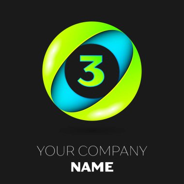 Gerçekçi üç numaralı vektör logo sembol siyah arka plan üzerinde renkli daire içinde. Tasarımınız için vektör şablonu
