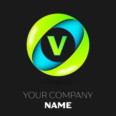 Gerçekçi harf V vektör logo sembol siyah arka plan üzerinde renkli daire içinde. Tasarımınız için vektör şablonu