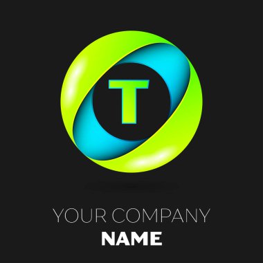 Gerçekçi mektup T vektör logo sembol siyah arka plan üzerinde renkli daire içinde. Tasarımınız için vektör şablonu
