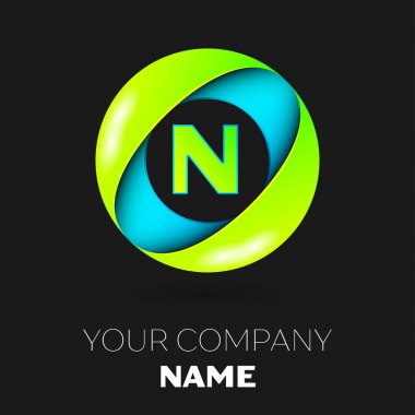 Gerçekçi harf N vektör logo sembol siyah arka plan üzerinde renkli daire içinde. Tasarımınız için vektör şablonu