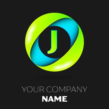 Gerçekçi harf J vektör logo sembol siyah arka plan üzerinde renkli daire içinde. Tasarımınız için vektör şablonu