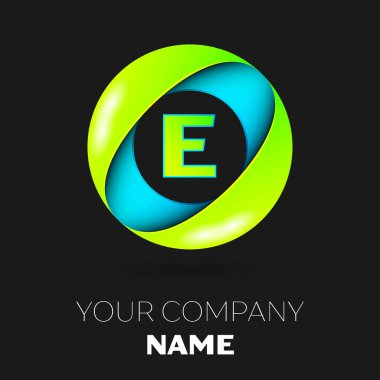 Gerçekçi harf E vektör logo sembol siyah arka plan üzerinde renkli daire içinde. Tasarımınız için vektör şablonu