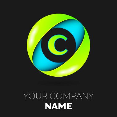 Gerçekçi harf C vektör logo sembol siyah arka plan üzerinde renkli daire içinde. Tasarımınız için vektör şablonu