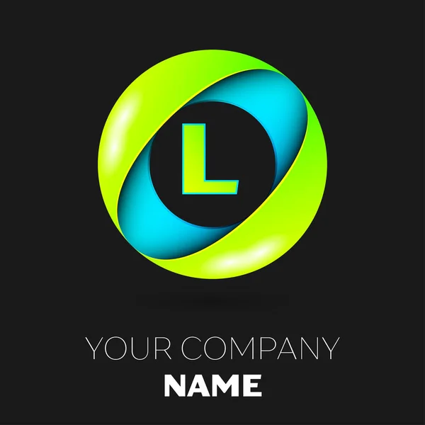 Realistische letter L vector logo symbool in de kleurrijke cirkel op een zwarte achtergrond. Vector sjabloon voor uw ontwerp — Stockvector