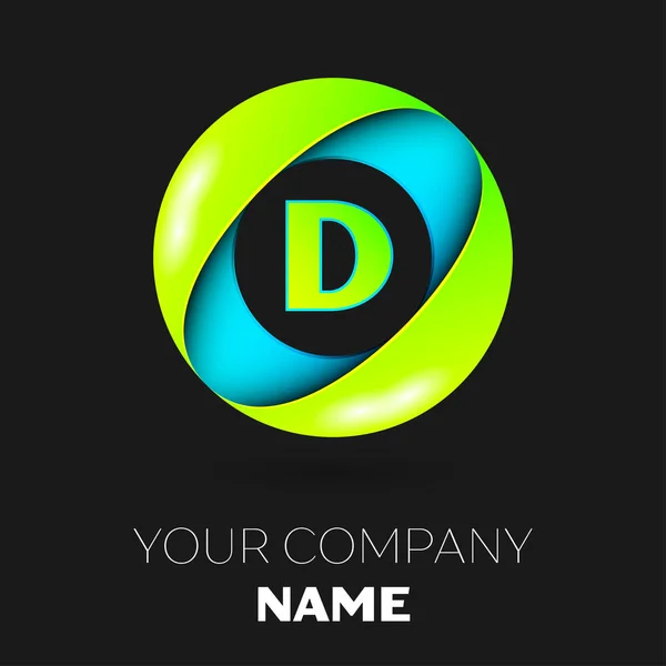 Realistyczne literę D symbol wektor logo w kolorowe koła na czarnym tle. Wektor szablon dla Twojego projektu — Wektor stockowy