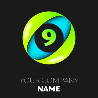 Gerçekçi dokuz numaralı vektör logo sembol siyah arka plan üzerinde renkli daire içinde. Tasarımınız için vektör şablonu