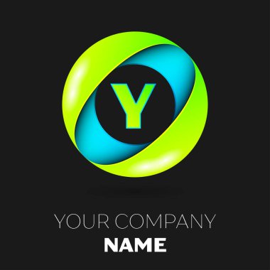 Gerçekçi harf Y vektör logo sembol siyah arka plan üzerinde renkli daire içinde. Tasarımınız için vektör şablonu