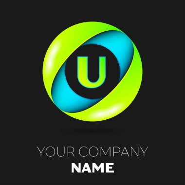 Gerçekçi harf U vektör logo sembol siyah arka plan üzerinde renkli daire içinde. Tasarımınız için vektör şablonu