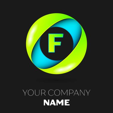 Gerçekçi harf F vektör logo sembol siyah arka plan üzerinde renkli daire içinde. Tasarımınız için vektör şablonu