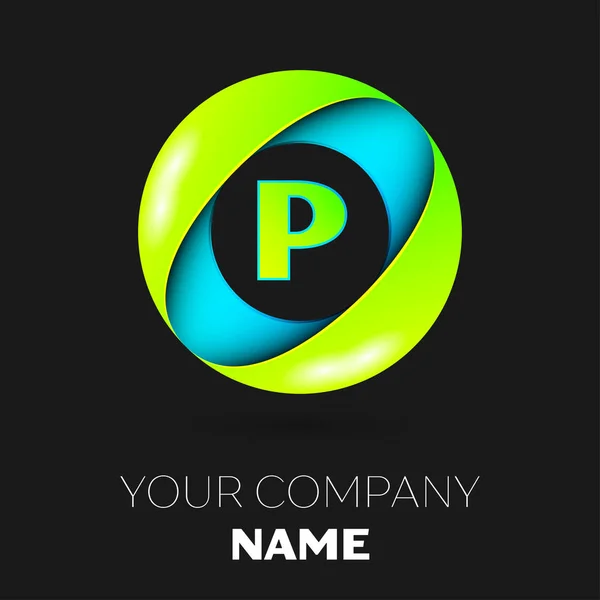 Letra realista símbolo do logotipo do vetor P no círculo colorido no fundo preto. Modelo de vetor para o seu projeto —  Vetores de Stock