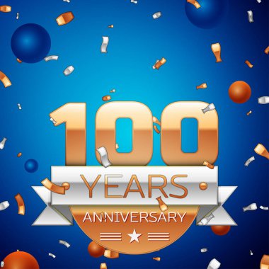 Gerçekçi yüz yıl yıldönümü kutlama tasarım. Golden numaraları ve gümüş şerit, mavi zemin üzerine konfeti. Doğum günü partin için renkli vektör şablon öğeleri