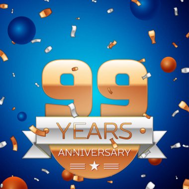 Gerçekçi doksan dokuz yıl yıldönümü kutlama tasarım. Golden numaraları ve gümüş şerit, mavi zemin üzerine konfeti. Doğum günü partin için renkli vektör şablon öğeleri