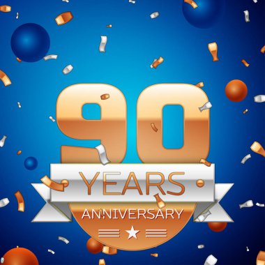 Gerçekçi doksan yıl yıldönümü kutlama tasarım. Golden numaraları ve gümüş şerit, mavi zemin üzerine konfeti. Doğum günü partin için renkli vektör şablon öğeleri