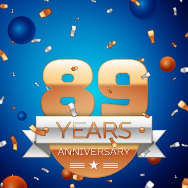Gerçekçi seksen dokuz yıl yıldönümü kutlama tasarım. Golden numaraları ve gümüş şerit, mavi zemin üzerine konfeti. Doğum günü partin için renkli vektör şablon öğeleri