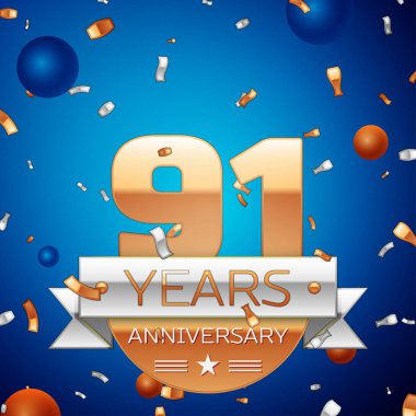 Gerçekçi doksan bir yıl yıldönümü kutlama tasarım. Golden numaraları ve gümüş şerit, mavi zemin üzerine konfeti. Doğum günü partin için renkli vektör şablon öğeleri